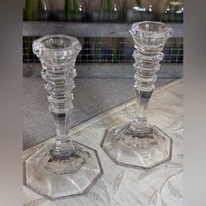 Vintage faceted crystal candlestick holders, geometric/architectural design.